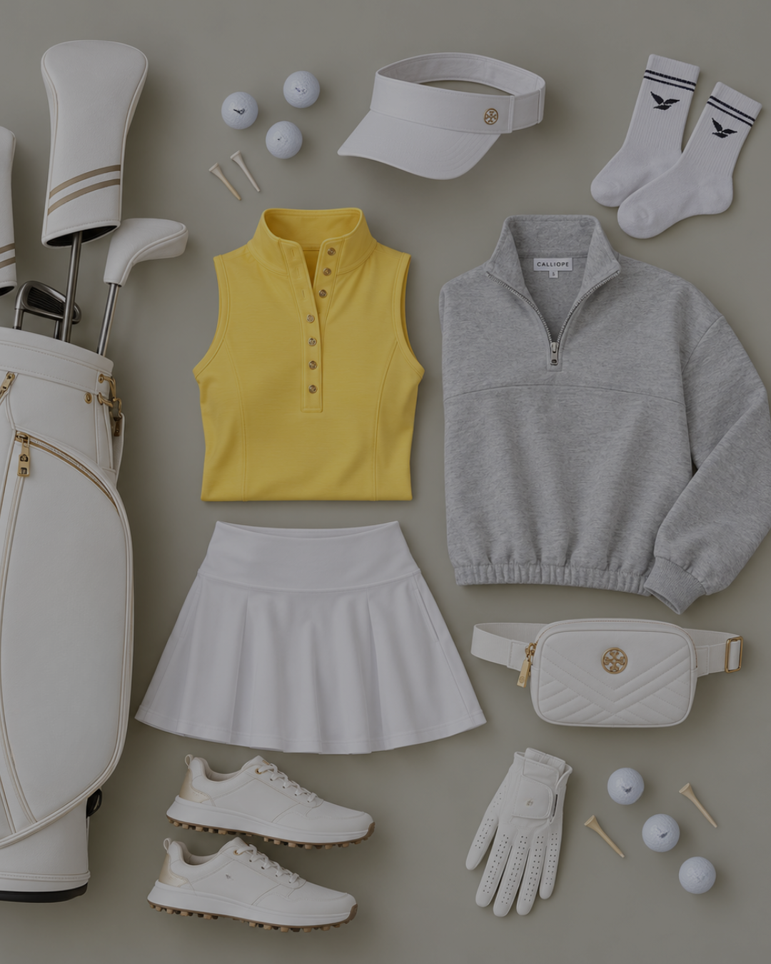 a group of golf outfit and golf clubs